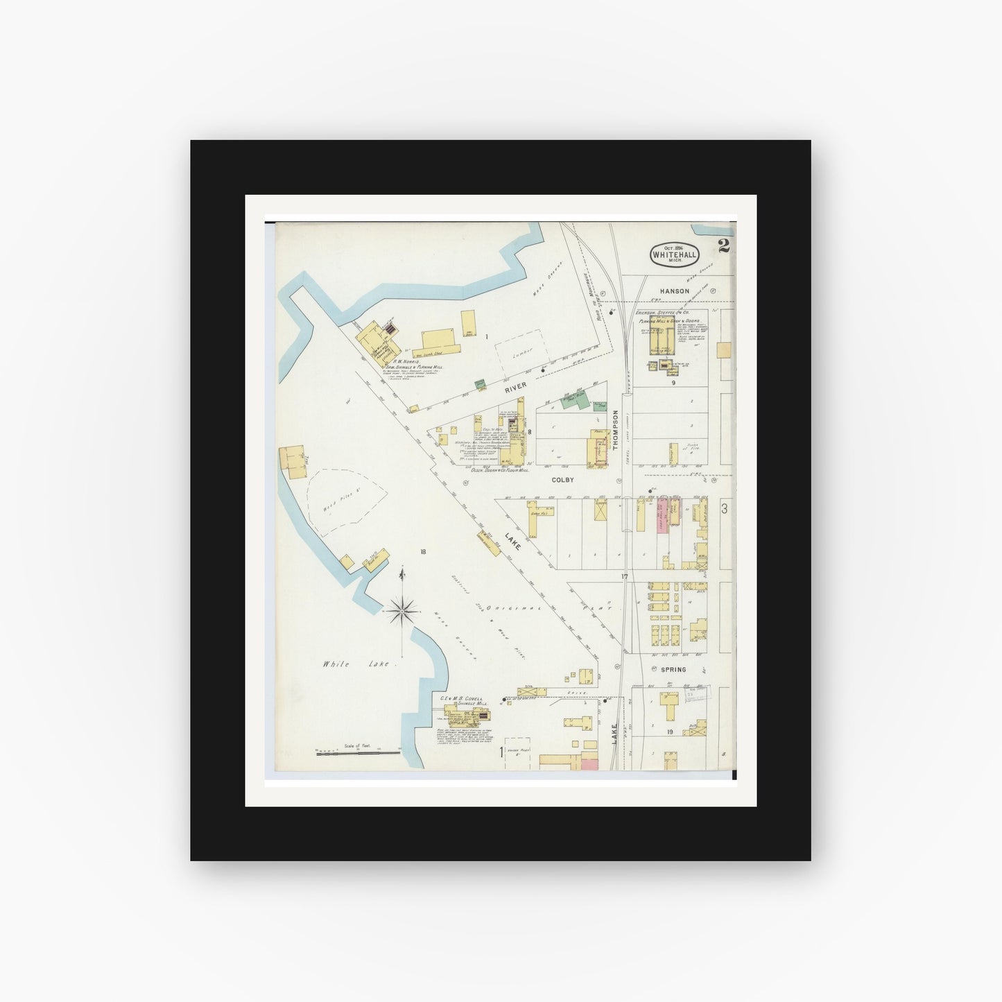 Old map wall art mockup — black gallery frame with white mat — Sanborn Fire Insurance Map from Whitehall, Muskegon County, Michigan (1896), Sheet #0002