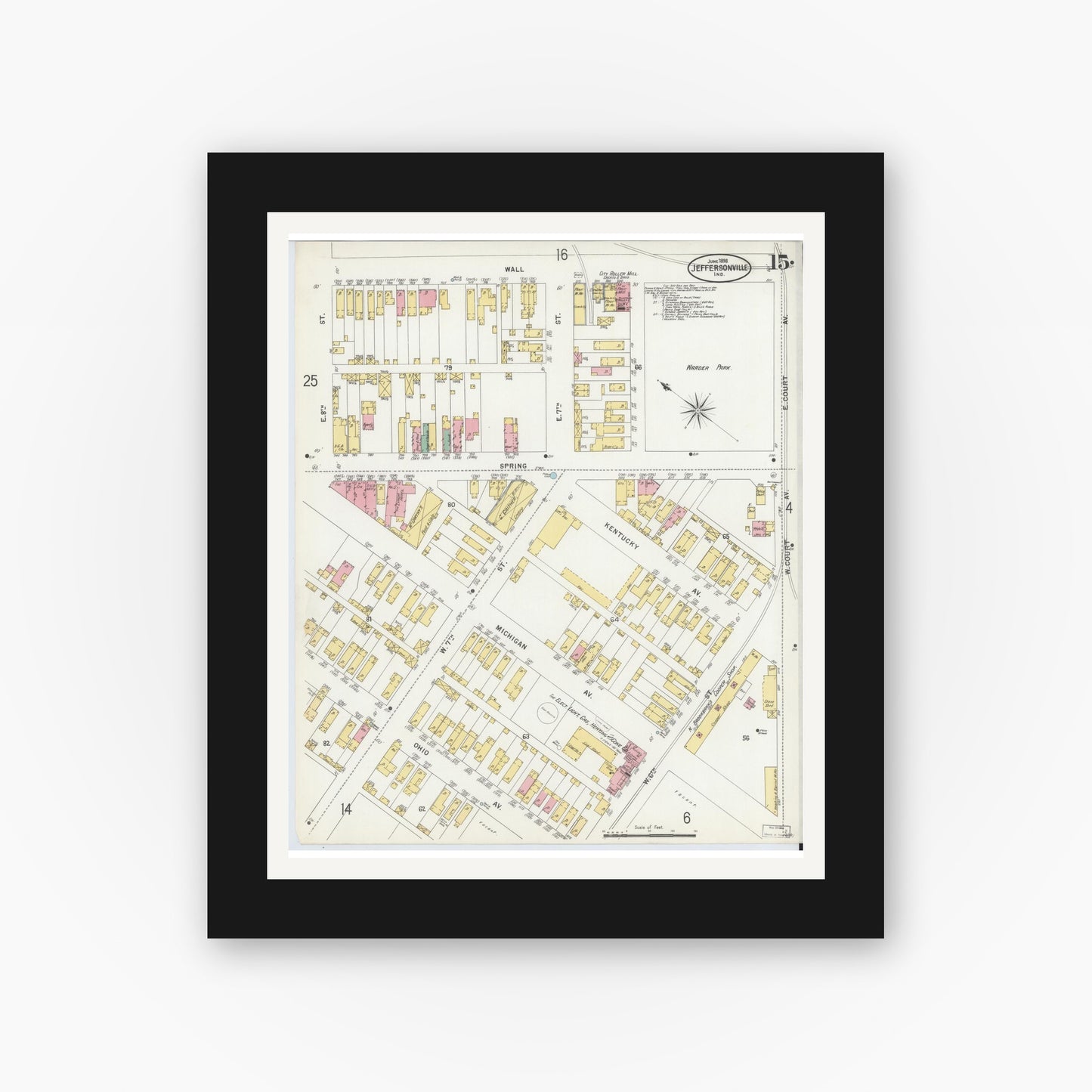 Old map wall art mockup — black gallery frame with white mat — Sanborn Fire Insurance Map from Jeffersonville, Clark County, Indiana (1898), Sheet #0015