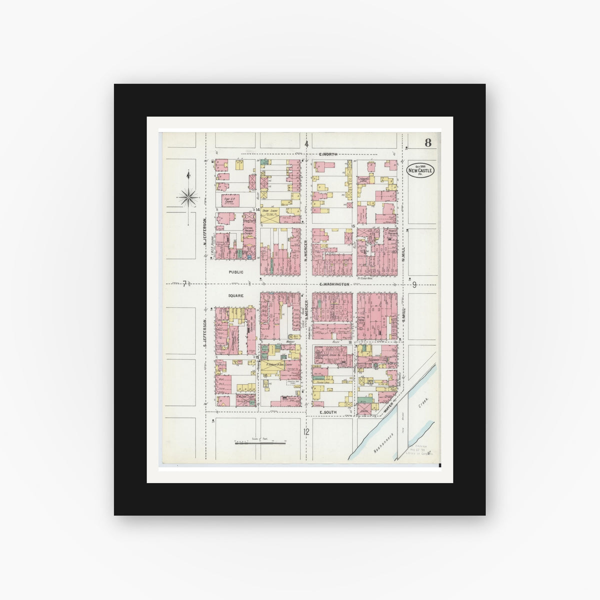 Old map wall art mockup — black gallery frame with white mat — Sanborn Fire Insurance Map from New Castle, Lawrence County, Pennsylvania (1899), Sheet #0008