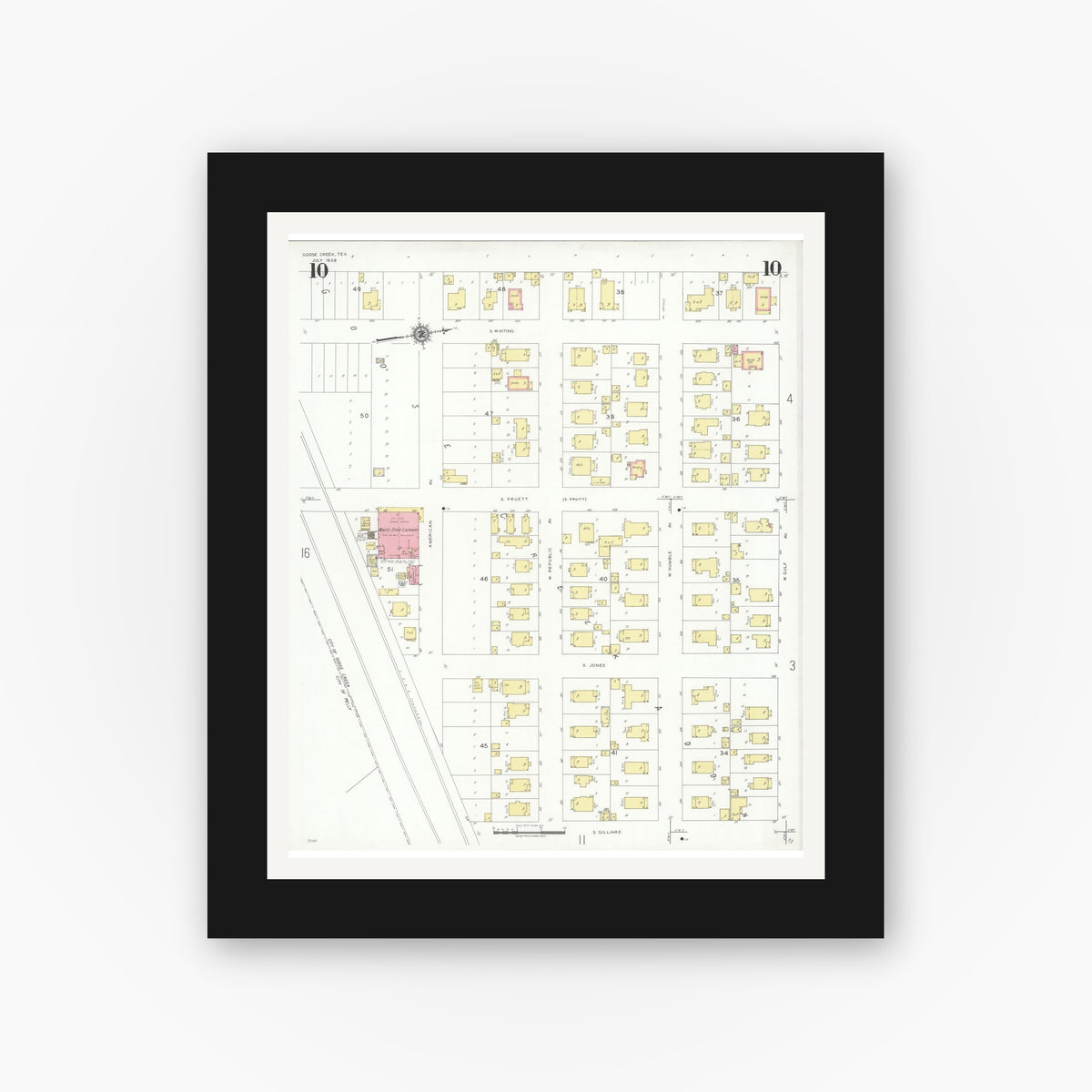 Old map wall art mockup — black gallery frame with white mat — Sanborn Fire Insurance Map from Goose Creek, Harris County, Texas (1939), Sheet #0010