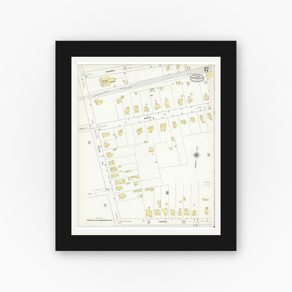 Old map wall art mockup — black gallery frame with white mat — Sanborn Fire Insurance Map from Patchogue, Suffolk County, New York (1910), Sheet #0017