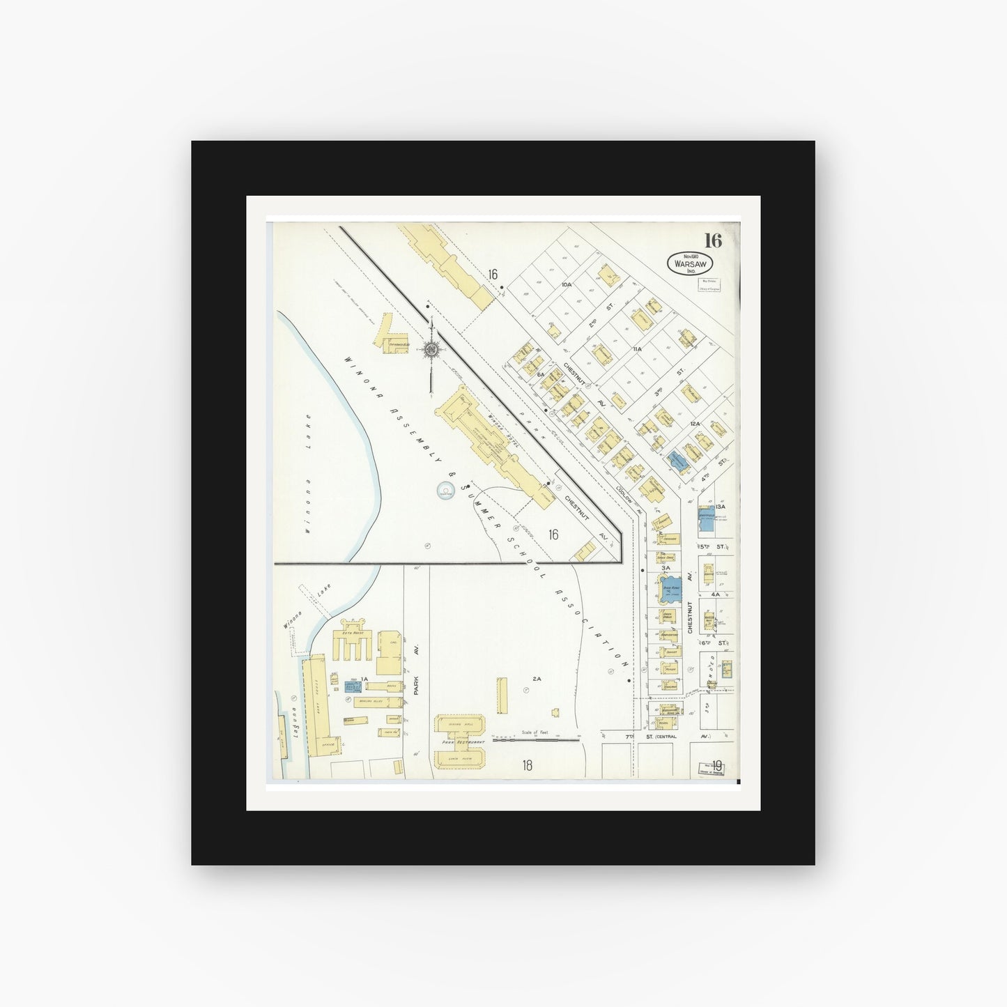 Old map wall art mockup — black gallery frame with white mat — Sanborn Fire Insurance Map from Warsaw, Kosciusko County, Indiana (1910), Sheet #0016