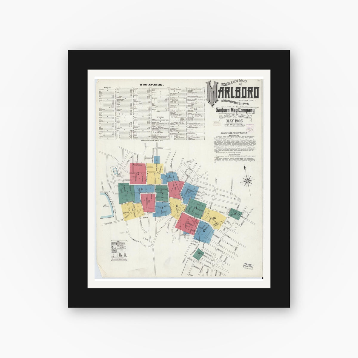 Old map wall art mockup — black gallery frame with white mat — Sanborn Fire Insurance Map from Marlborough, Middlesex County, Massachusetts (1906) - Complete Map Set