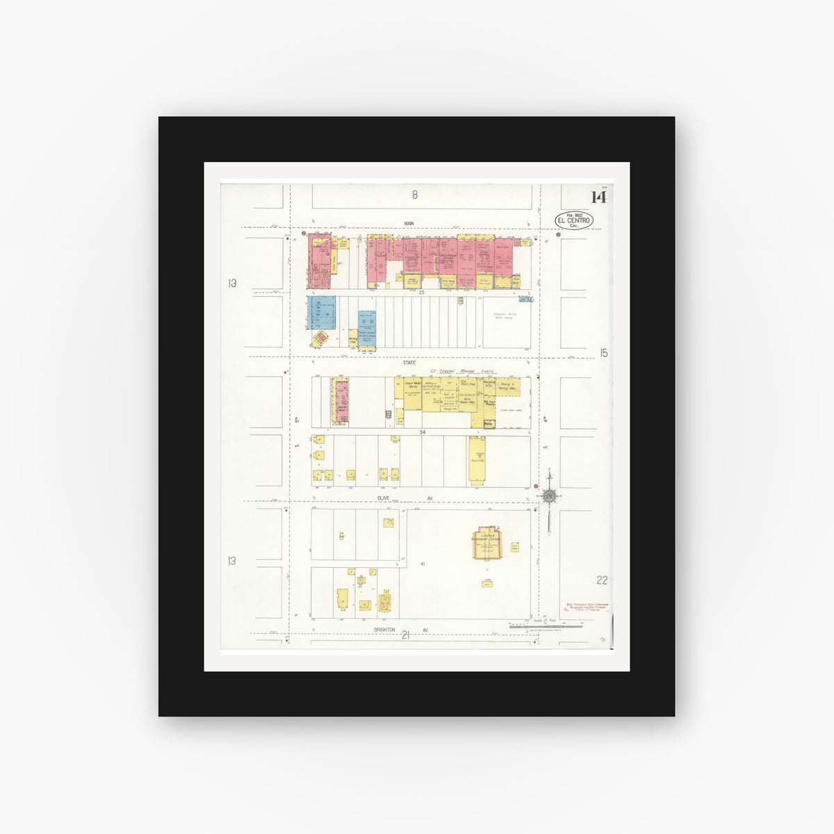 Old map wall art mockup — black gallery frame with white mat — Sanborn Fire Insurance Map from El Centro, Imperial County, California (1922), Sheet #0014