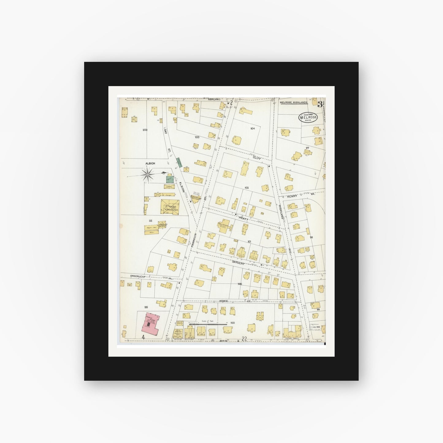 Old map wall art mockup — black gallery frame with white mat — Sanborn Fire Insurance Map from Melrose, Middlesex County, Massachusetts (1903), Sheet #0003