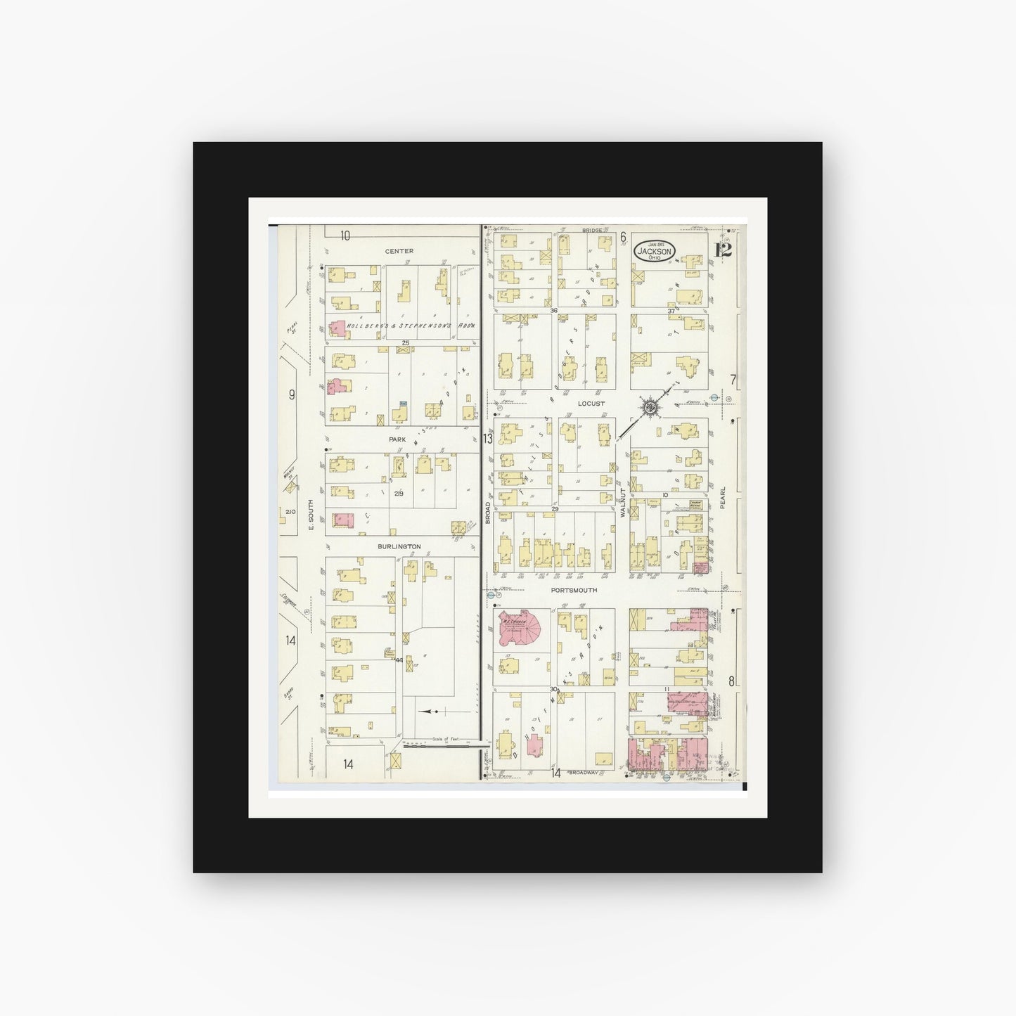 Old map wall art mockup — black gallery frame with white mat — Sanborn Fire Insurance Map from Jackson, Jackson County, Ohio (1914), Sheet #0012