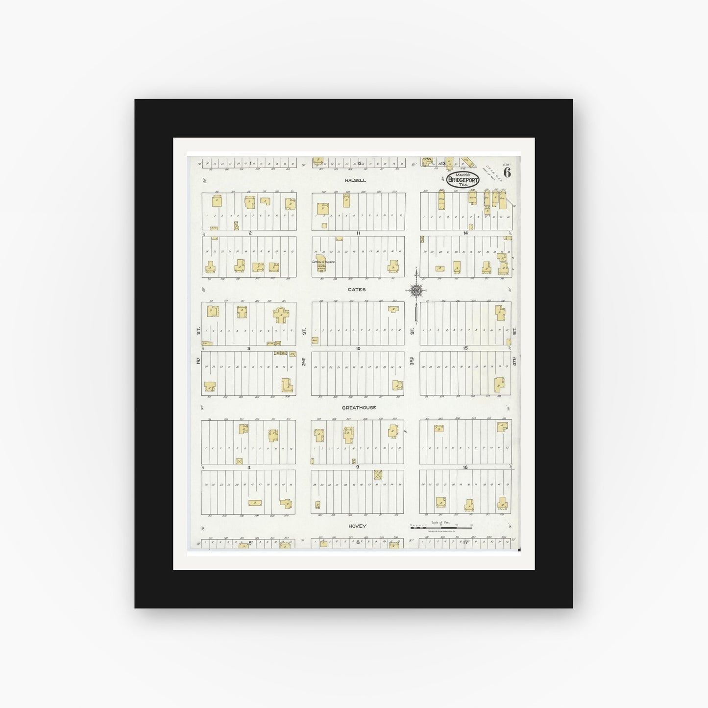 Old map wall art mockup — black gallery frame with white mat — Sanborn Fire Insurance Map from Bridgeport, Wise County, Texas (1921), Sheet #0006