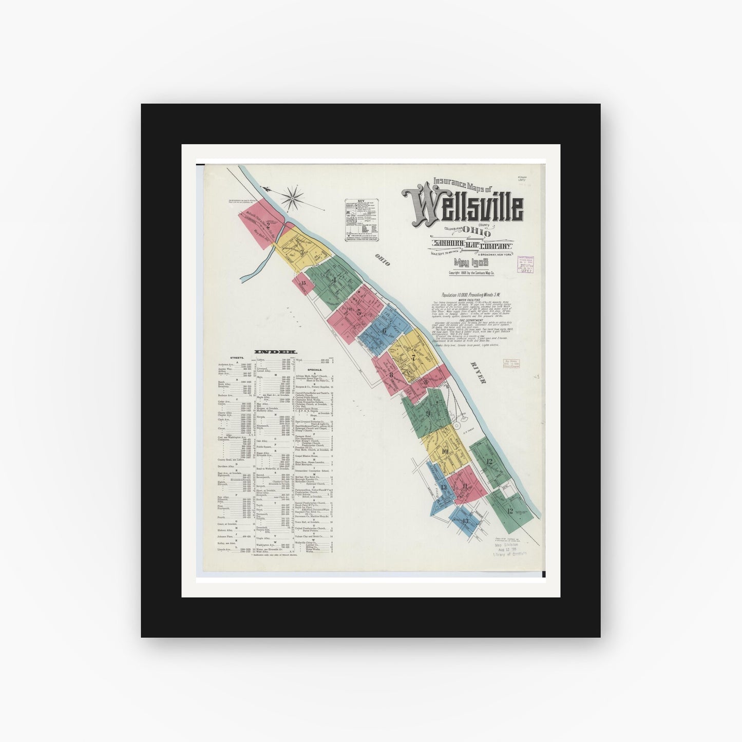 Old map wall art mockup — black gallery frame with white mat — Sanborn Fire Insurance Map from Wellsville, Columbiana County, Ohio (1908), Sheet #0001
