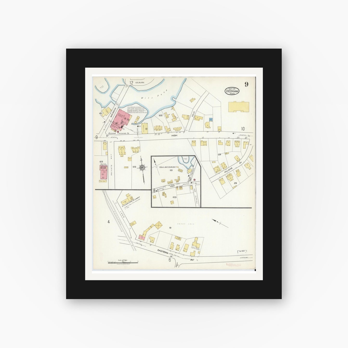 Old map wall art mockup — black gallery frame with white mat — Sanborn Fire Insurance Map from Dedham, Norfolk County, Massachusetts (1917), Sheet #0009