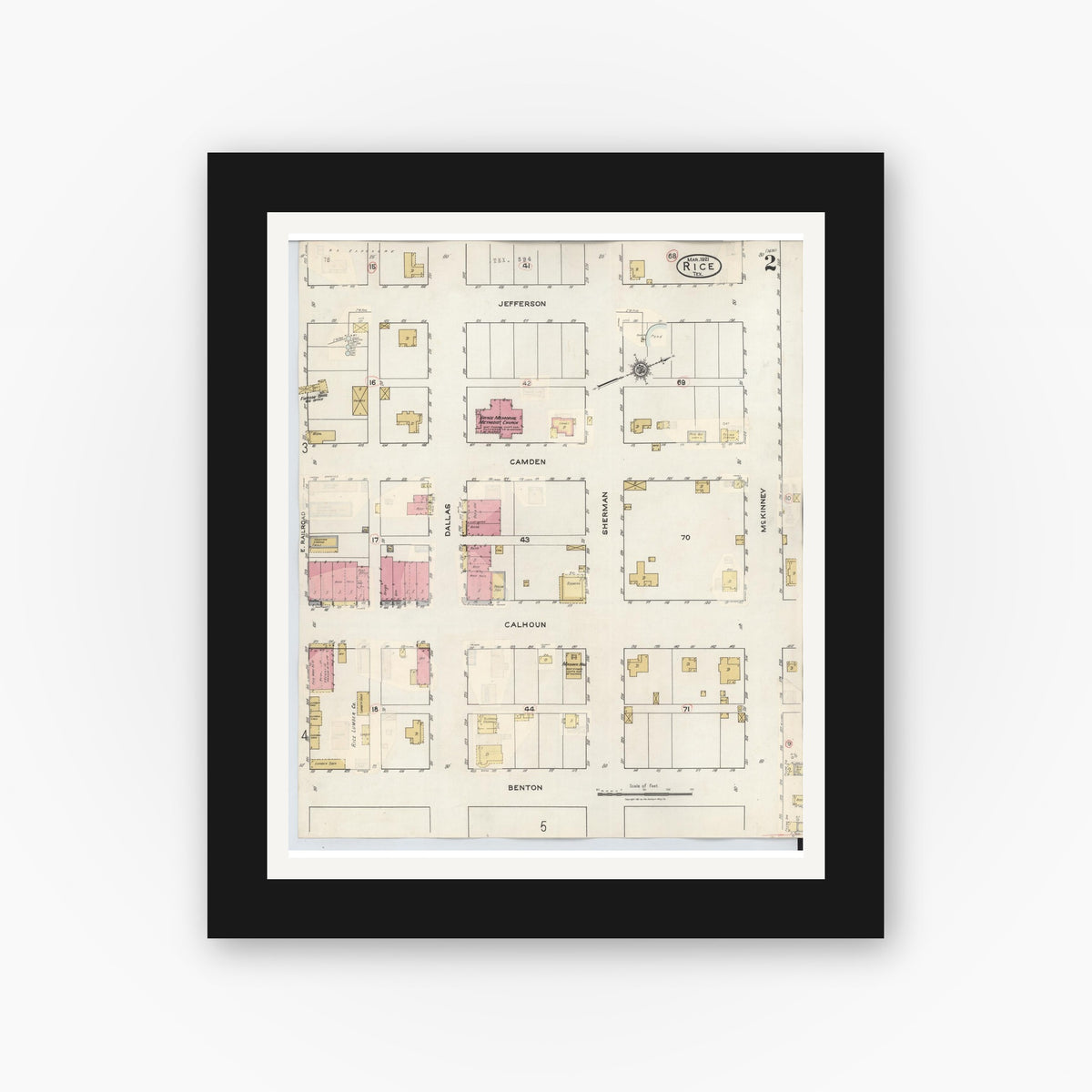 Old map wall art mockup — black gallery frame with white mat — Sanborn Fire Insurance Map from Rice, Navarro County, Texas (1935), Sheet #0002