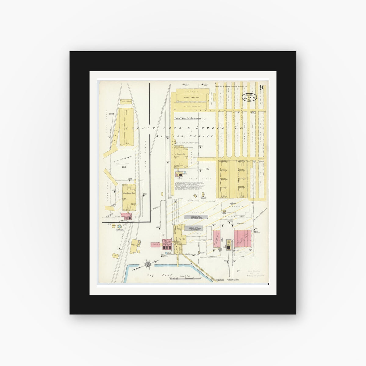Old map wall art mockup — black gallery frame with white mat — Sanborn Fire Insurance Map from Lufkin, Angelina County, Texas (1915), Sheet #0009