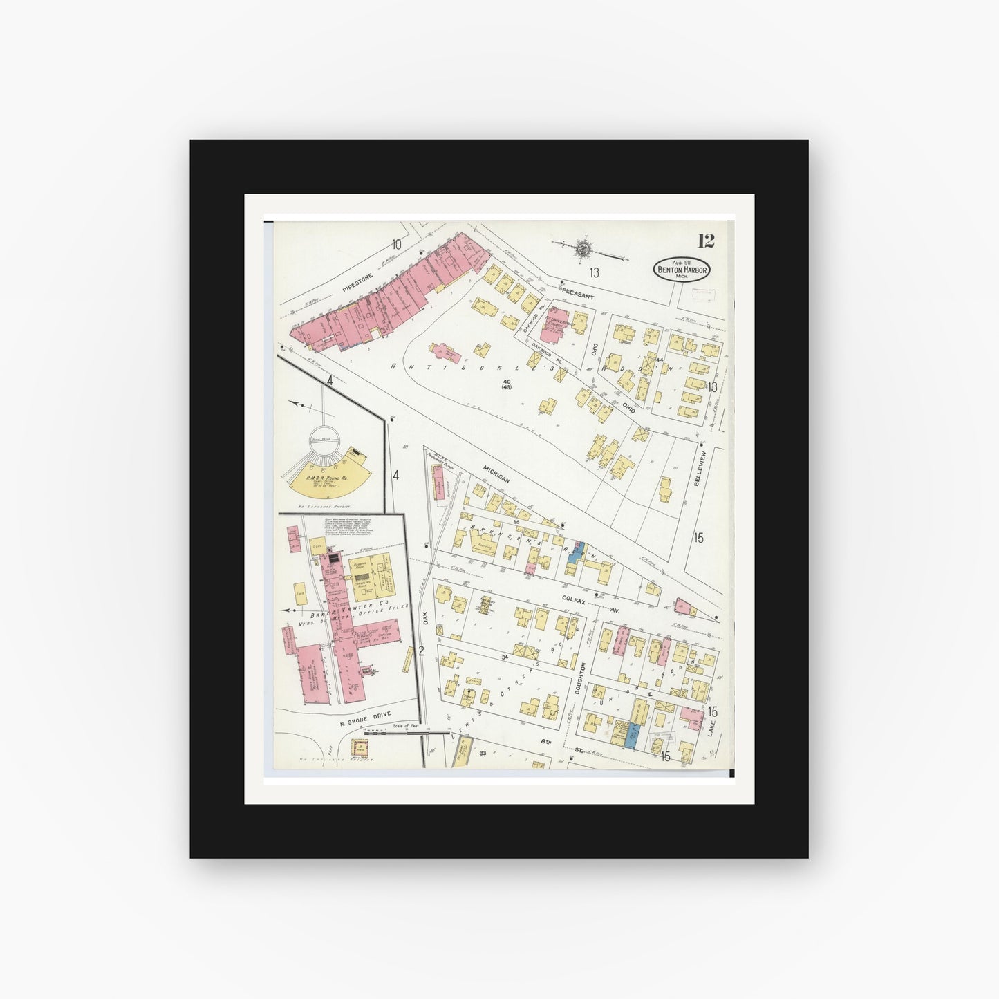 Old map wall art mockup — black gallery frame with white mat — Sanborn Fire Insurance Map from Benton Harbor, Berrien County, Michigan (1911), Sheet #0012