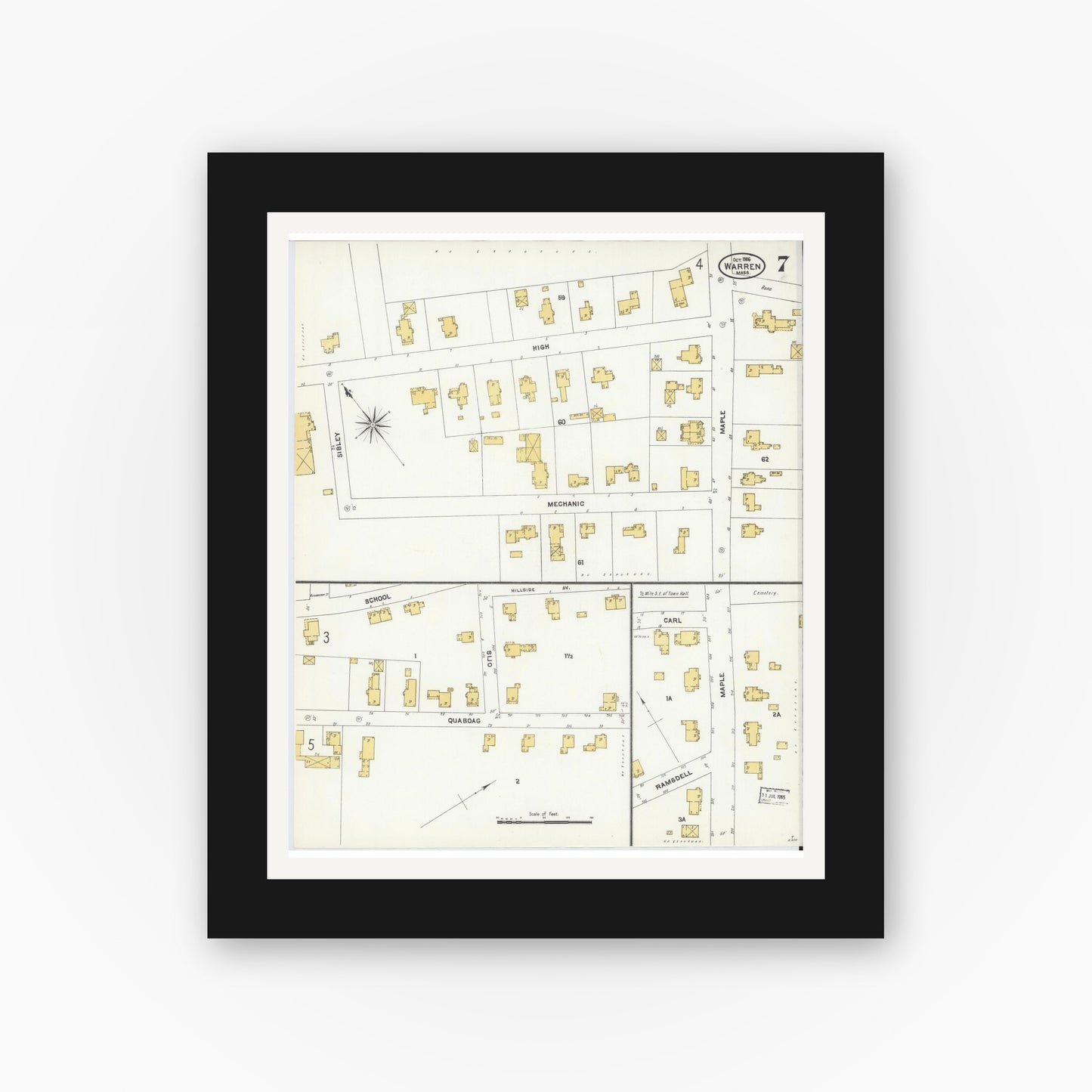 Old map wall art mockup — black gallery frame with white mat — Sanborn Fire Insurance Map from Warren, Worcester County, Massachusetts (1906), Sheet #0007