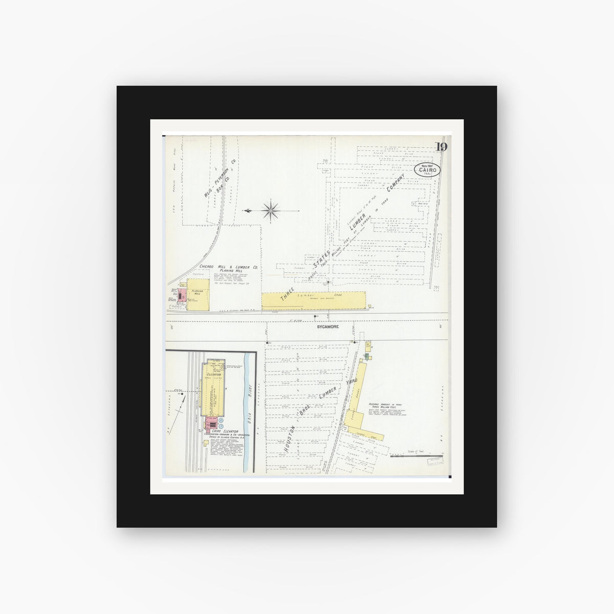 Old map wall art mockup — black gallery frame with white mat — Sanborn Fire Insurance Map from Cairo, Alexander County, Illinois (1901), Sheet #0019