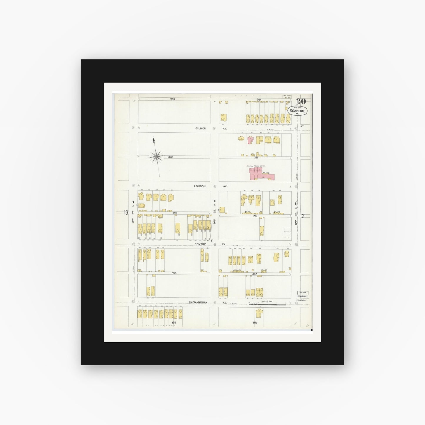 Old map wall art mockup — black gallery frame with white mat — Sanborn Fire Insurance Map from Roanoke, Independent Cities, Virginia (1903), Sheet #0020