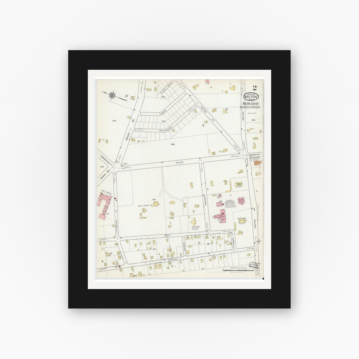 Old map wall art mockup — black gallery frame with white mat — Sanborn Fire Insurance Map from Milton, Norfolk County, Massachusetts (1917), Sheet #0002