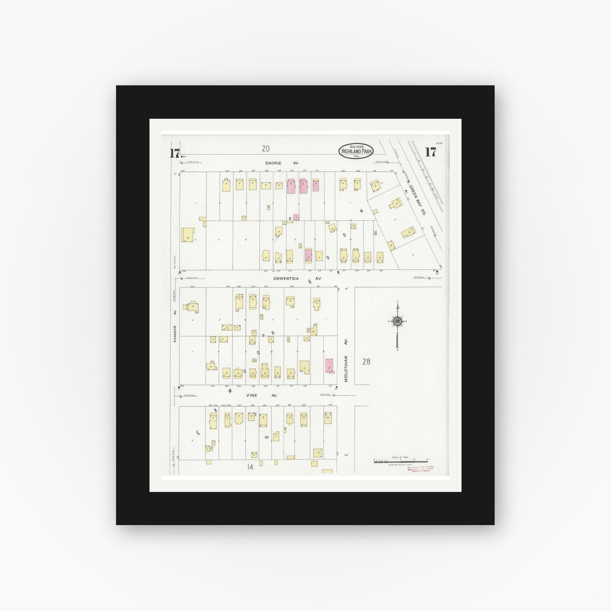 Old map wall art mockup — black gallery frame with white mat — Sanborn Fire Insurance Map from Highland Park, Lake County, Illinois (1924), Sheet #0017