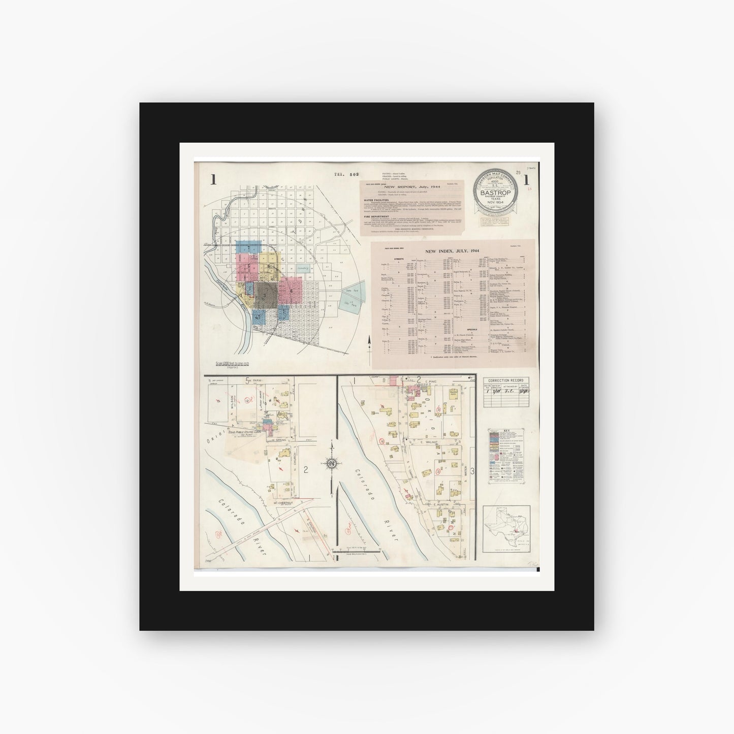 Old map wall art mockup — black gallery frame with white mat — Sanborn Fire Insurance Map from Bastrop, Bastrop County, Texas (1944) - Complete Map Set