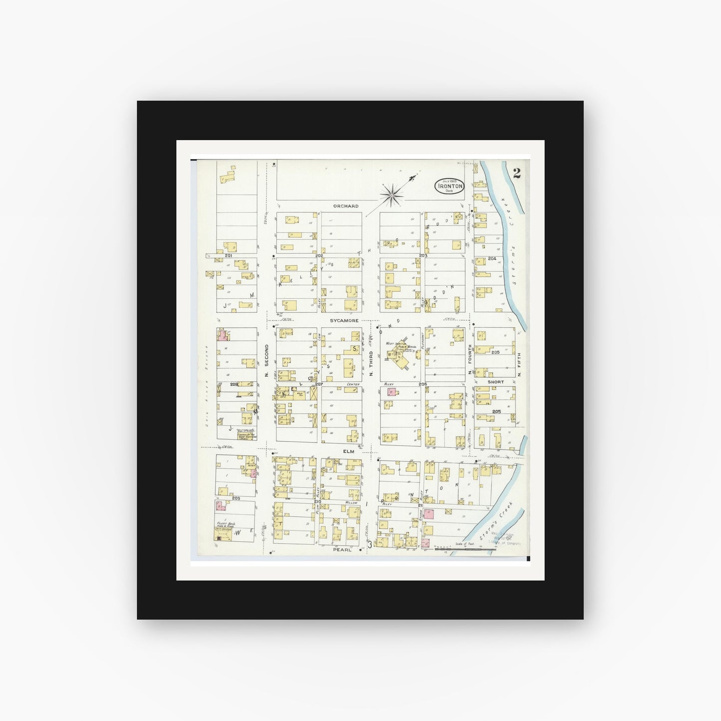 Old map wall art mockup — black gallery frame with white mat — Sanborn Fire Insurance Map from Ironton, Lawrence County, Ohio (1909), Sheet #0002