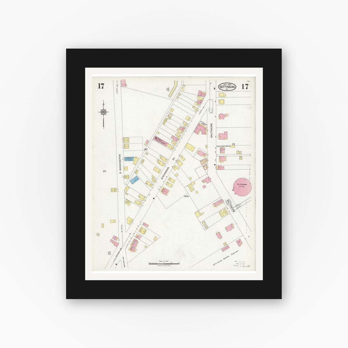 Old map wall art mockup — black gallery frame with white mat — Sanborn Fire Insurance Map from Gettysburg, Adams County, Pennsylvania (1924), Sheet #0017