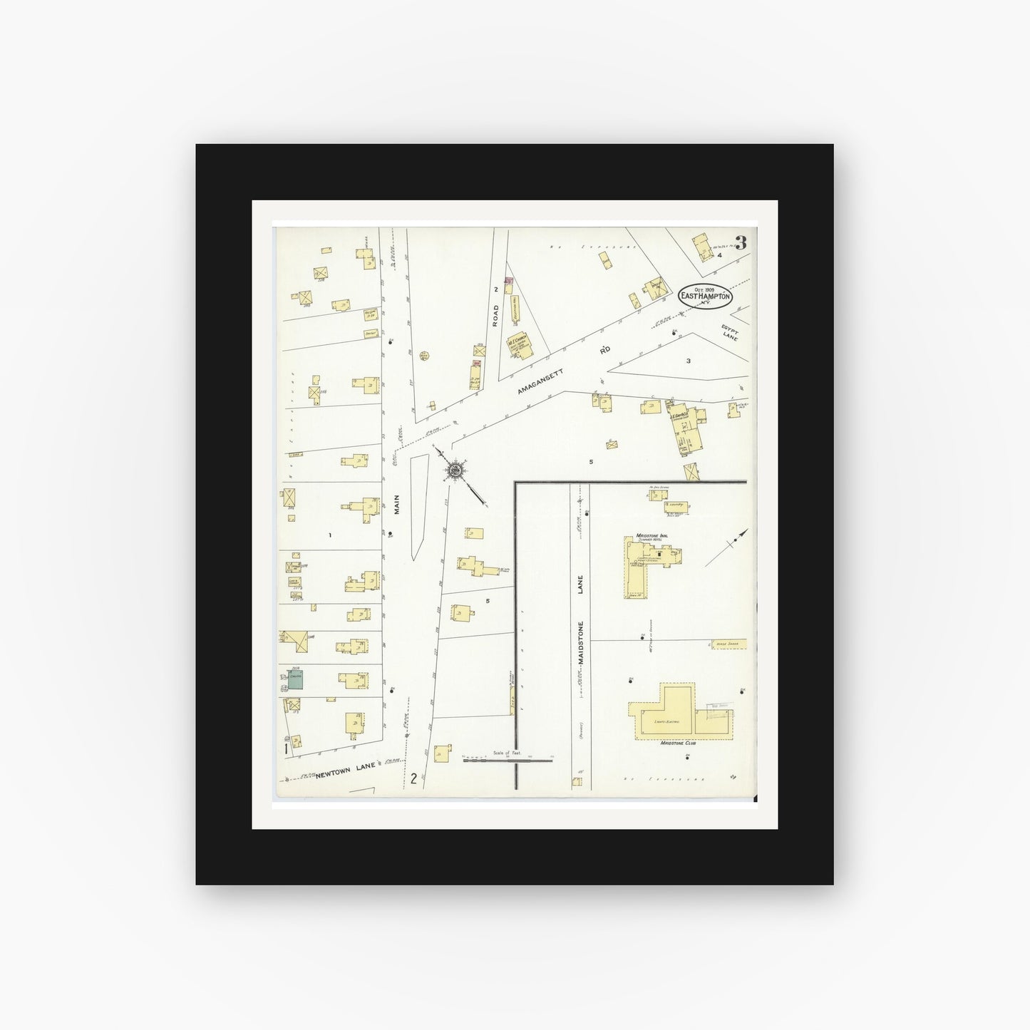 Old map wall art mockup — black gallery frame with white mat — Sanborn Fire Insurance Map from Easthampton, Suffolk County, New York (1909), Sheet #0003