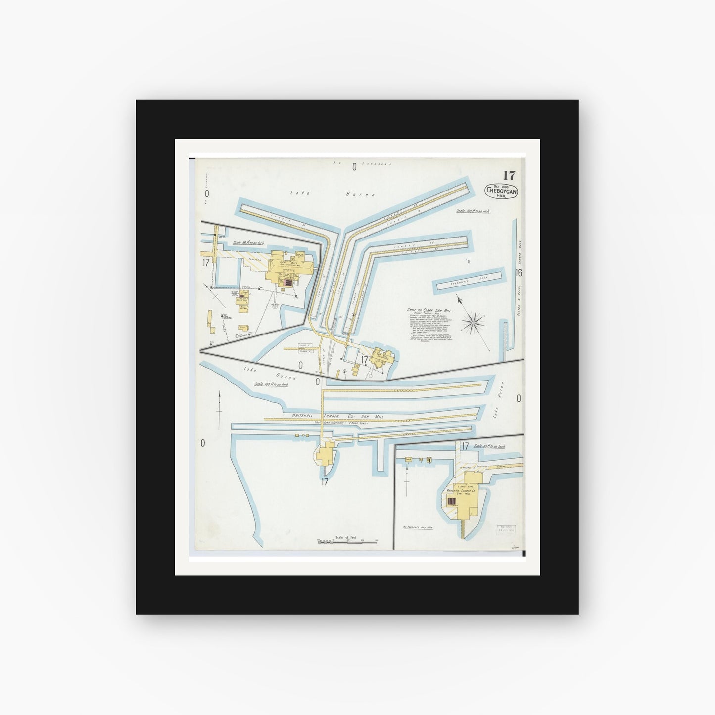 Old map wall art mockup — black gallery frame with white mat — Sanborn Fire Insurance Map from Cheboygan, Cheboygan County, Michigan (1900), Sheet #0017