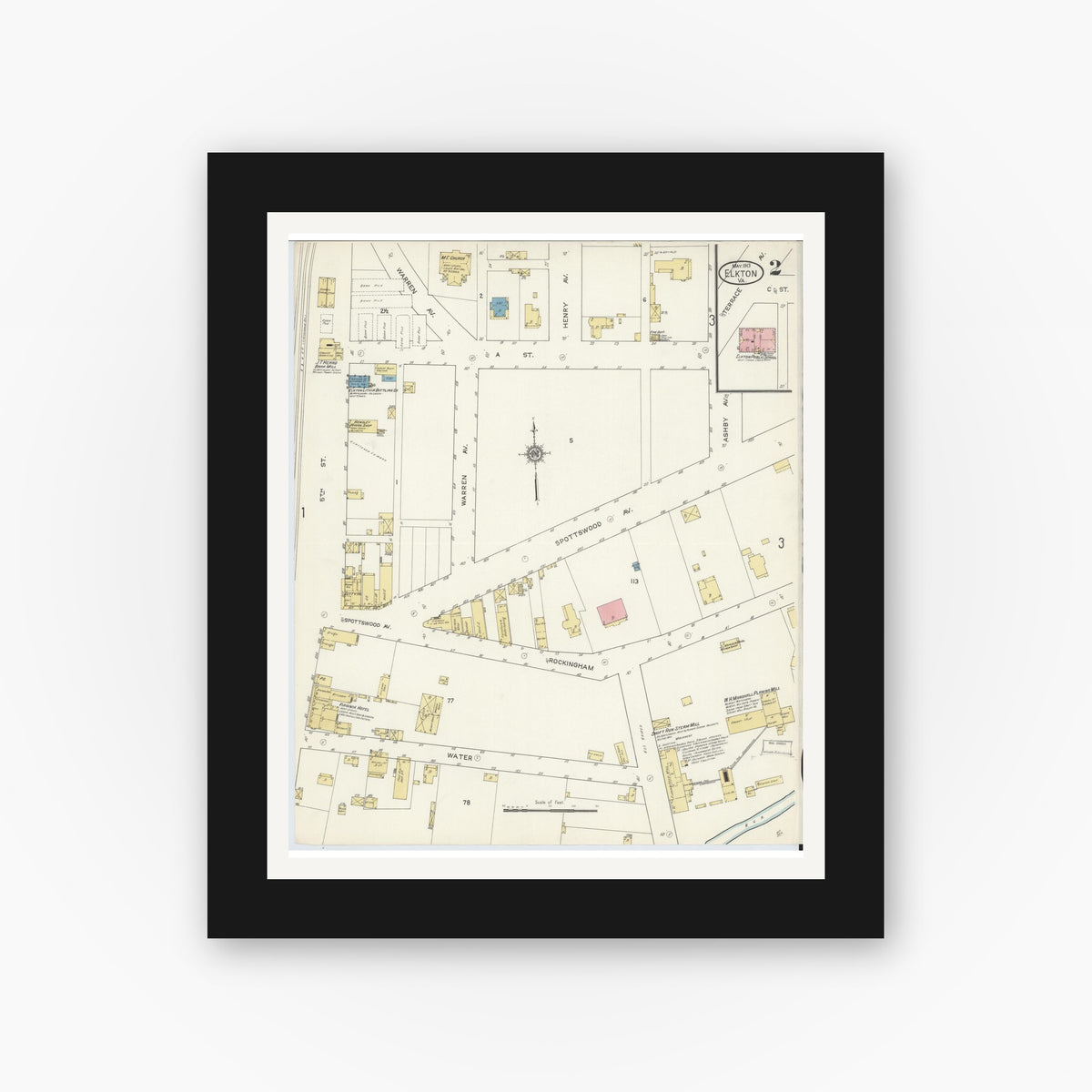 Old map wall art mockup — black gallery frame with white mat — Sanborn Fire Insurance Map from Elkton, Rockingham County, Virginia (1913), Sheet #0002