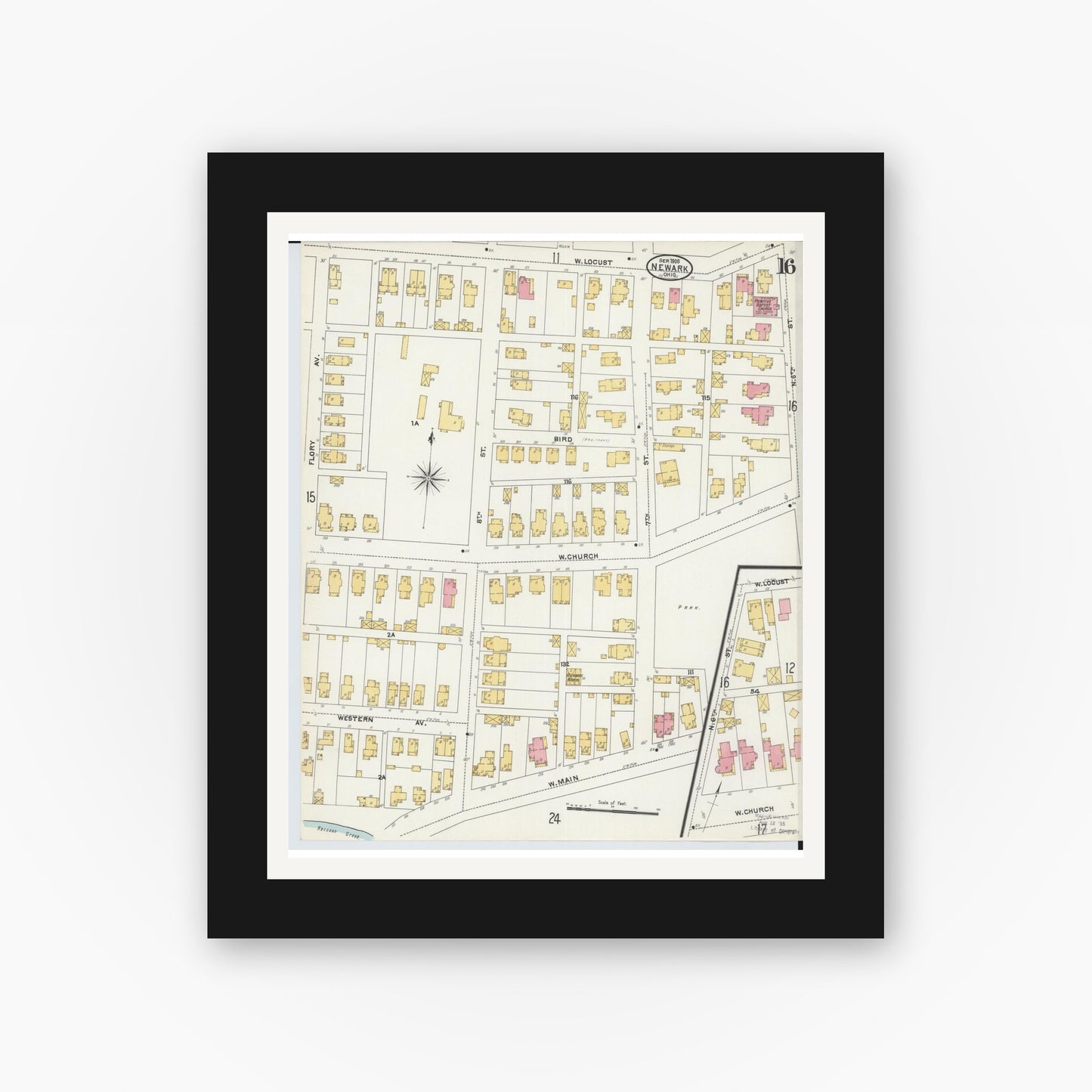 Old map wall art mockup — black gallery frame with white mat — Sanborn Fire Insurance Map from Newark, Licking County, Ohio (1905), Sheet #0016