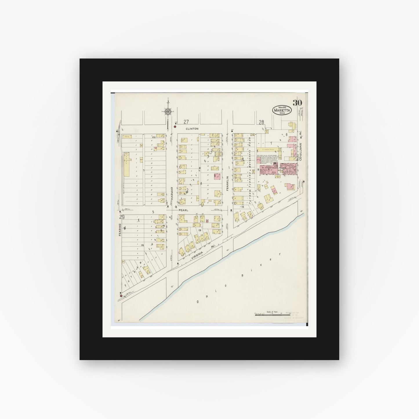 Old map wall art mockup — black gallery frame with white mat — Sanborn Fire Insurance Map from Marietta, Washington County, Ohio (1915), Sheet #0030