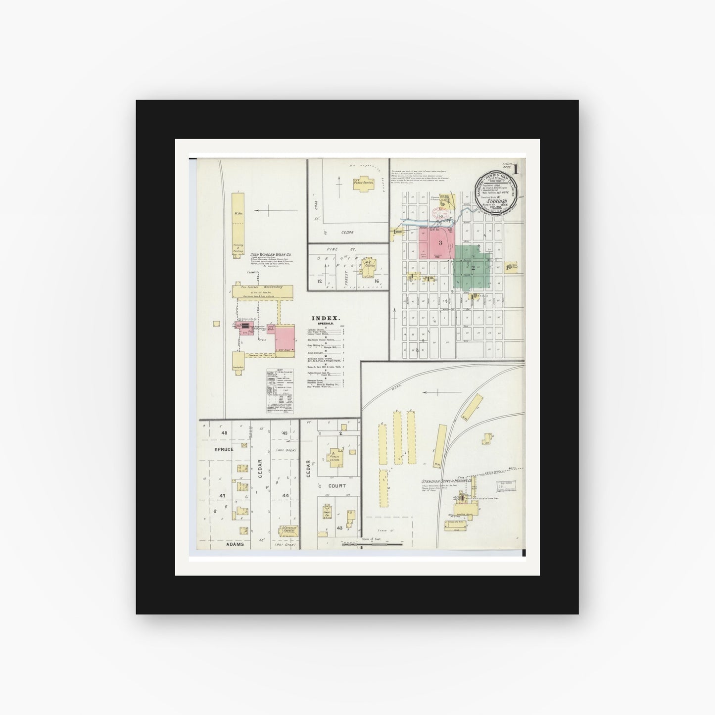 Old map wall art mockup — black gallery frame with white mat — Sanborn Fire Insurance Map from Standish, Arenac County, Michigan (1895), Sheet #0001