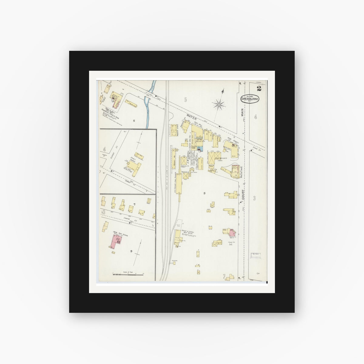 Old map wall art mockup — black gallery frame with white mat — Sanborn Fire Insurance Map from Sherburne, Chenango County, New York (1892), Sheet #0002