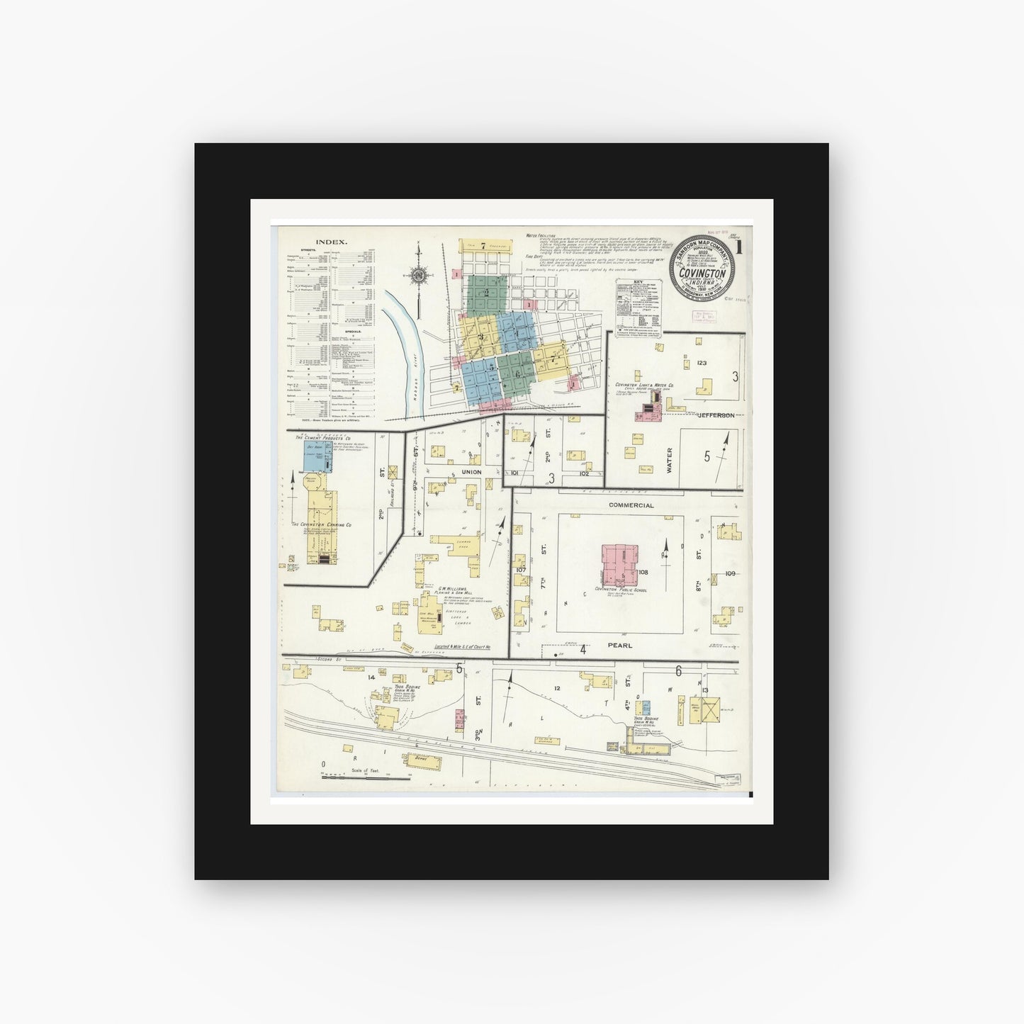 Old map wall art mockup — black gallery frame with white mat — Sanborn Fire Insurance Map from Covington, Fountain County, Indiana (1910), Sheet #0001