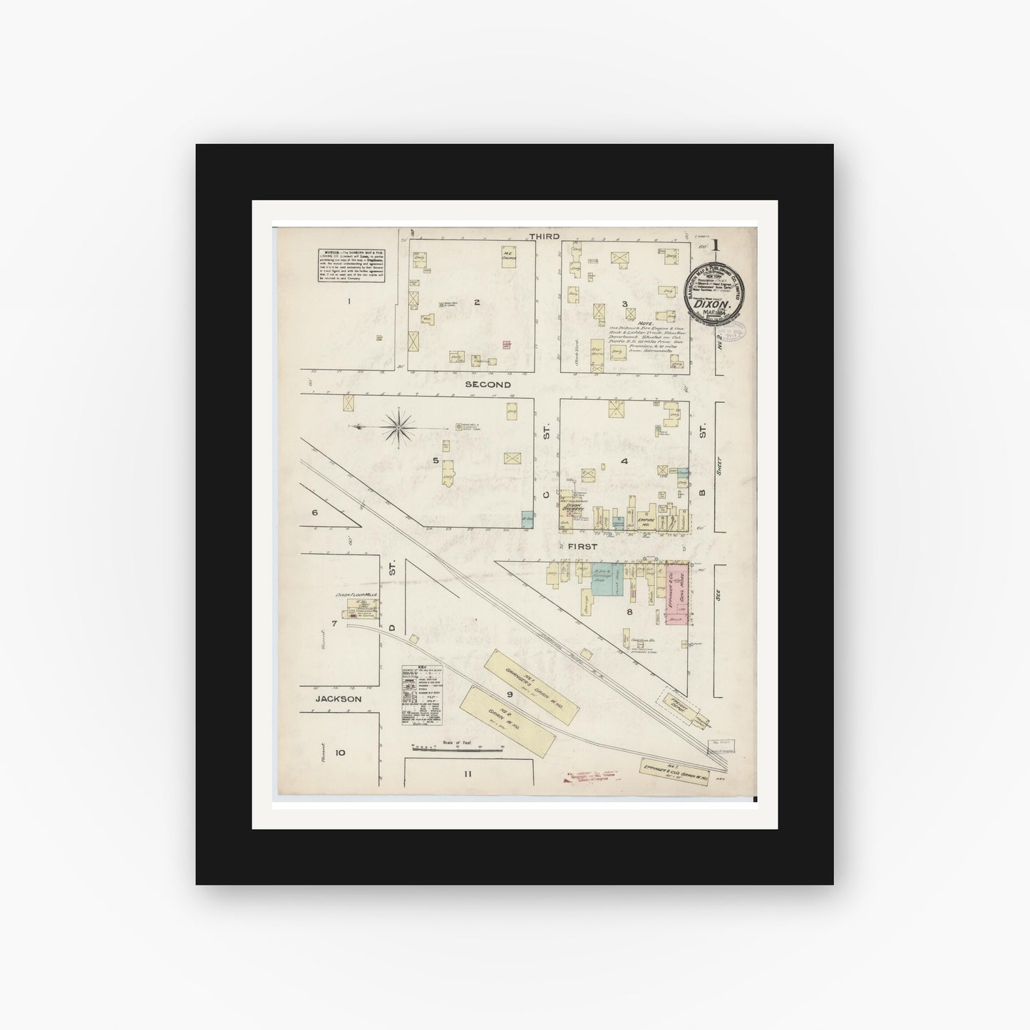 Old map wall art mockup — black gallery frame with white mat — Sanborn Fire Insurance Map from Dixon, Solano County, California (1884) - Complete Map Set