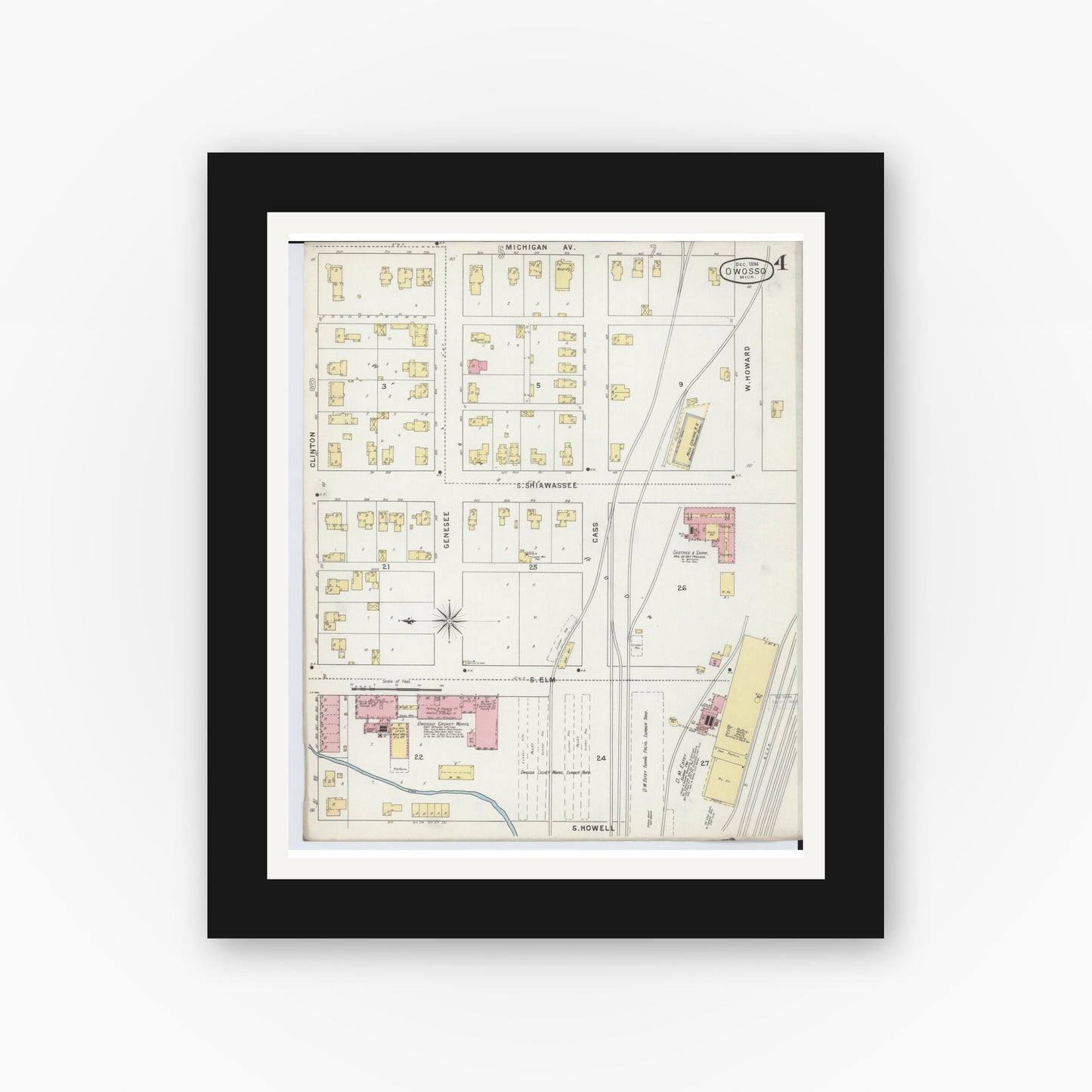 Old map wall art mockup — black gallery frame with white mat — Sanborn Fire Insurance Map from Owosso, Shiawassee County, Michigan (1894), Sheet #0004