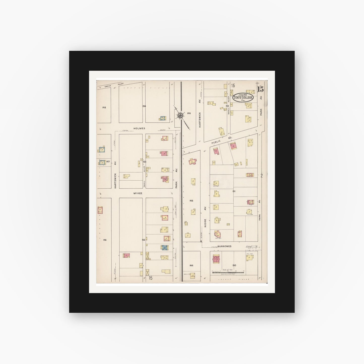 Old map wall art mockup — black gallery frame with white mat — Sanborn Fire Insurance Map from State College, Centre County, Pennsylvania (1922), Sheet #0015