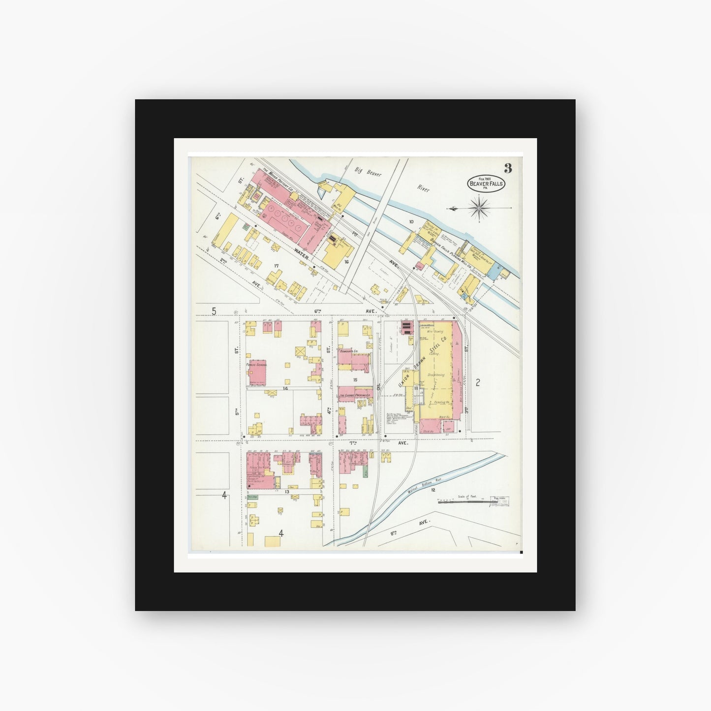 Old map wall art mockup — black gallery frame with white mat — Sanborn Fire Insurance Map from Beaver Falls, Beaver County, Pennsylvania (1901), Sheet #0003