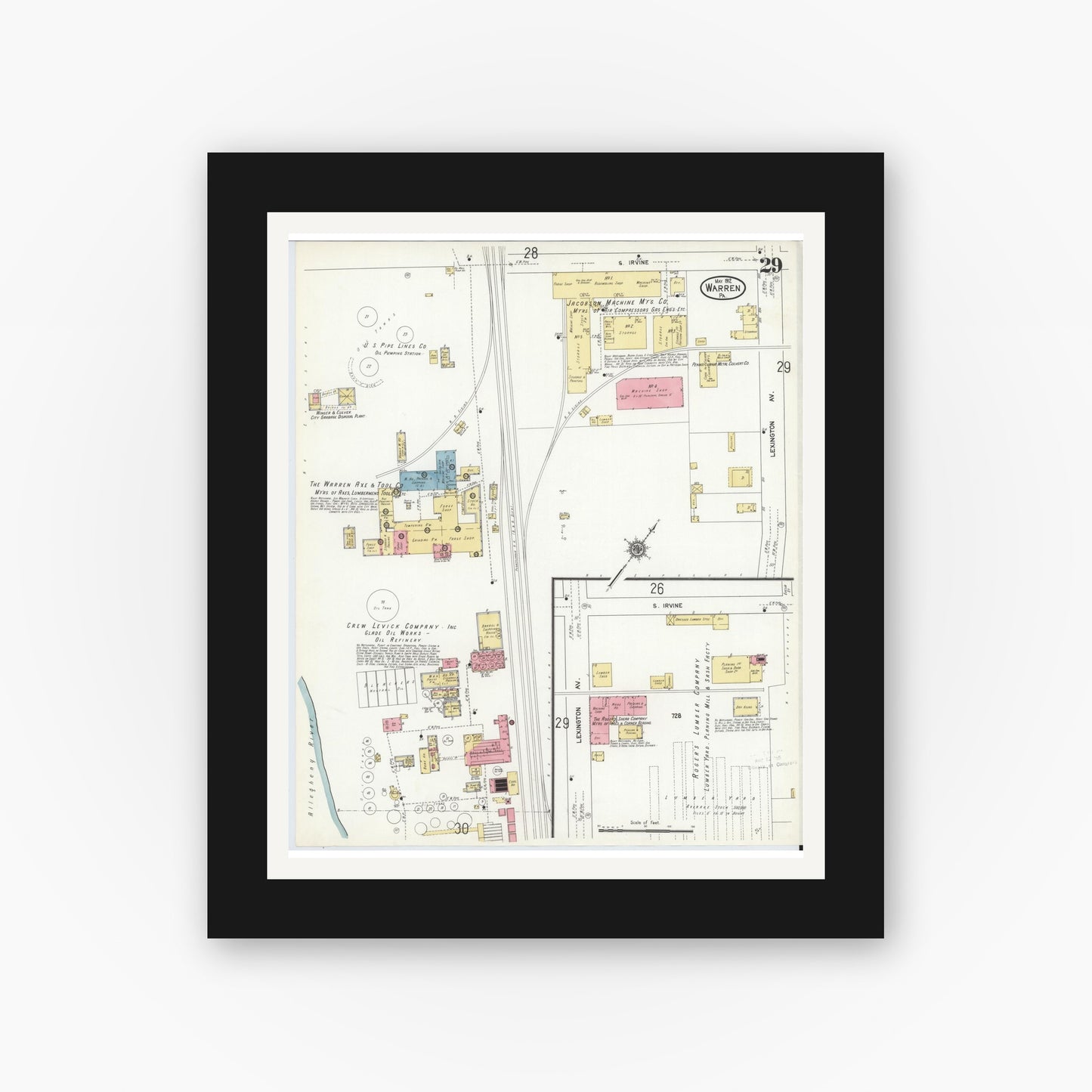 Old map wall art mockup — black gallery frame with white mat — Sanborn Fire Insurance Map from Warren, Warren County, Pennsylvania (1912), Sheet #0029
