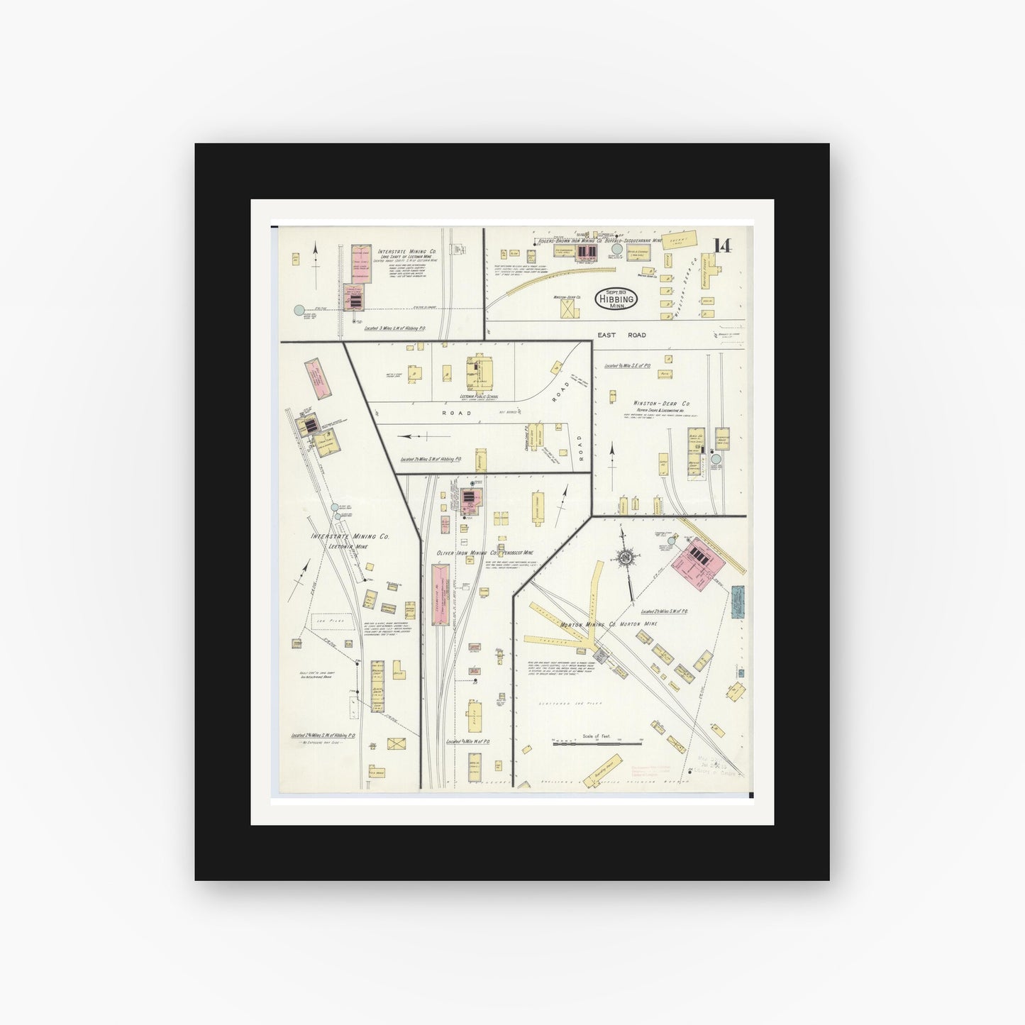 Old map wall art mockup — black gallery frame with white mat — Sanborn Fire Insurance Map from Hibbing, Saint Louis County, Minnesota (1913), Sheet #0014