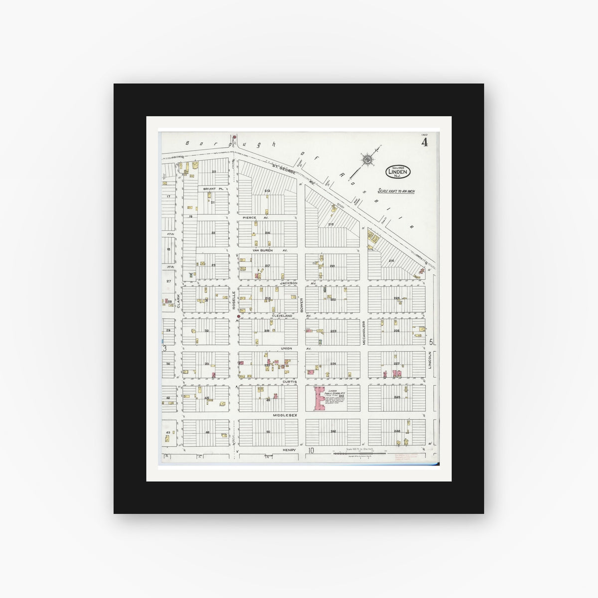 Old map wall art mockup — black gallery frame with white mat — Sanborn Fire Insurance Map from Linden, Union County, New Jersey (1920), Sheet #0004