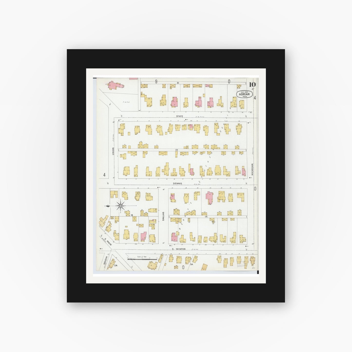 Old map wall art mockup — black gallery frame with white mat — Sanborn Fire Insurance Map from Adrian, Lenawee County, Michigan (1899), Sheet #0010