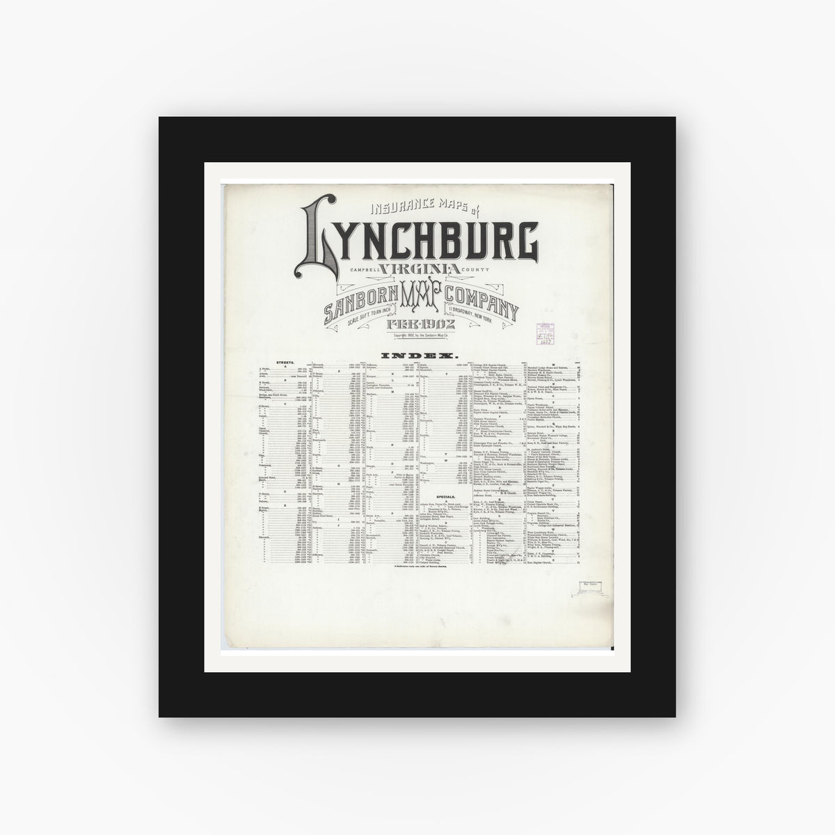 Old map wall art mockup — black gallery frame with white mat — Sanborn Fire Insurance Map from Lynchburg, Independent Cities, Virginia (1902), Sheet #0001