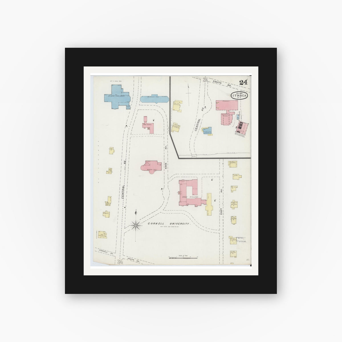 Old map wall art mockup — black gallery frame with white mat — Sanborn Fire Insurance Map from Ithaca, Tompkins County, New York (1893), Sheet #0024