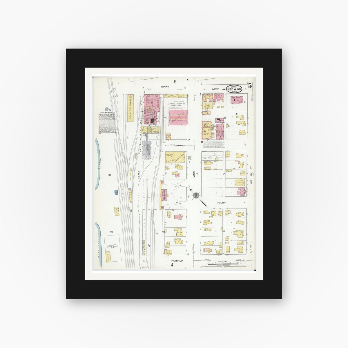 Old map wall art mockup — black gallery frame with white mat — Sanborn Fire Insurance Map from Red Wing, Goodhue County, Minnesota (1917), Sheet #0005