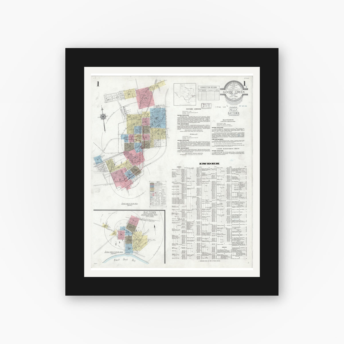 Old map wall art mockup — black gallery frame with white mat — Sanborn Fire Insurance Map from Goose Creek, Harris County, Texas (1939) - Complete Map Set