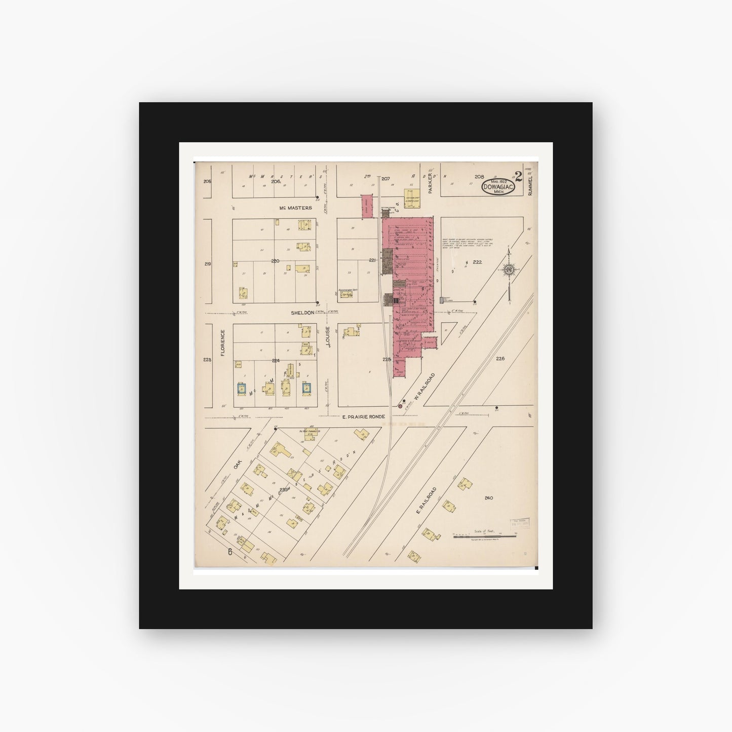 Old map wall art mockup — black gallery frame with white mat — Sanborn Fire Insurance Map from Dowagiac, Cass County, Michigan (1922), Sheet #0002