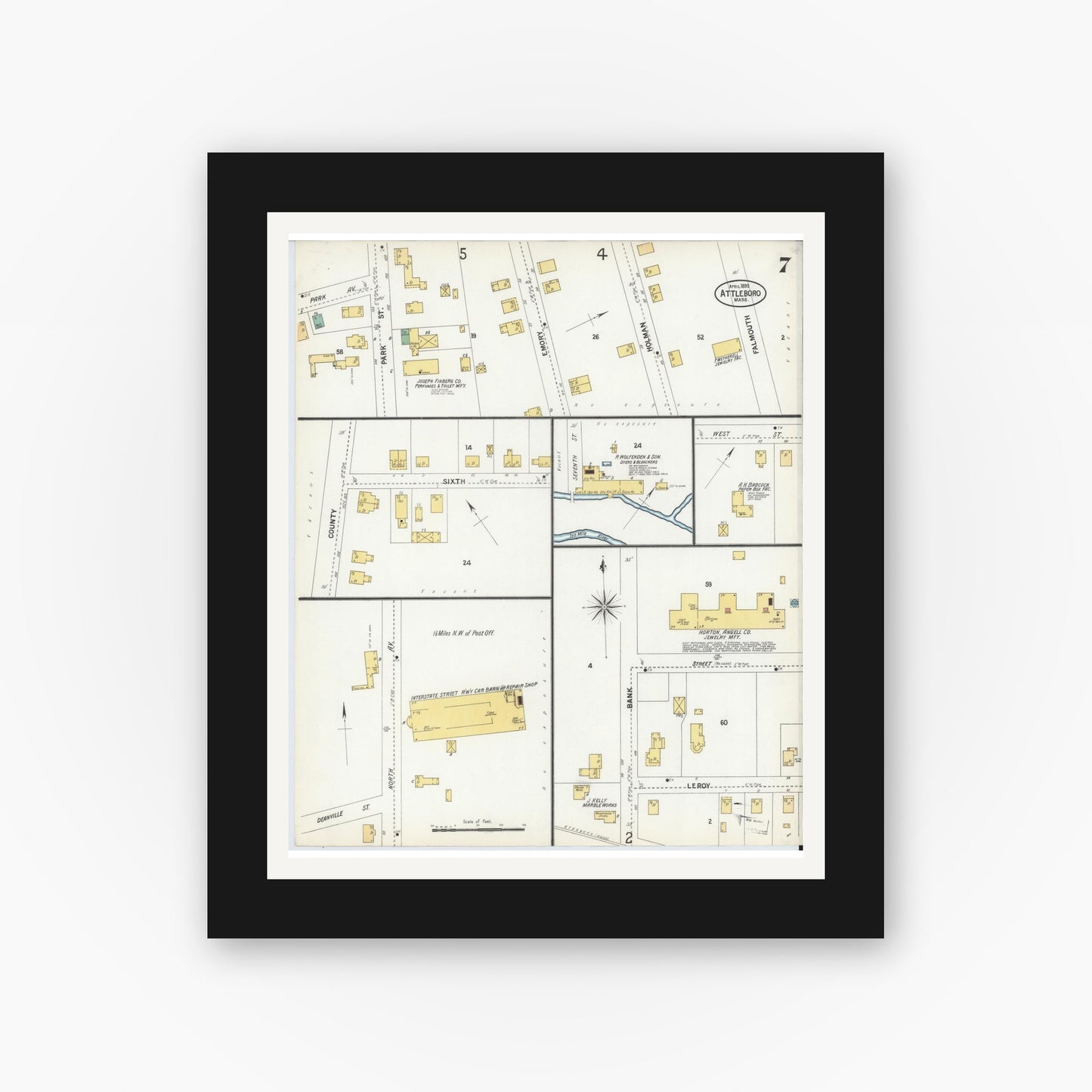 Old map wall art mockup — black gallery frame with white mat — Sanborn Fire Insurance Map from Attleboro, Bristol County, Massachusetts (1899), Sheet #0007