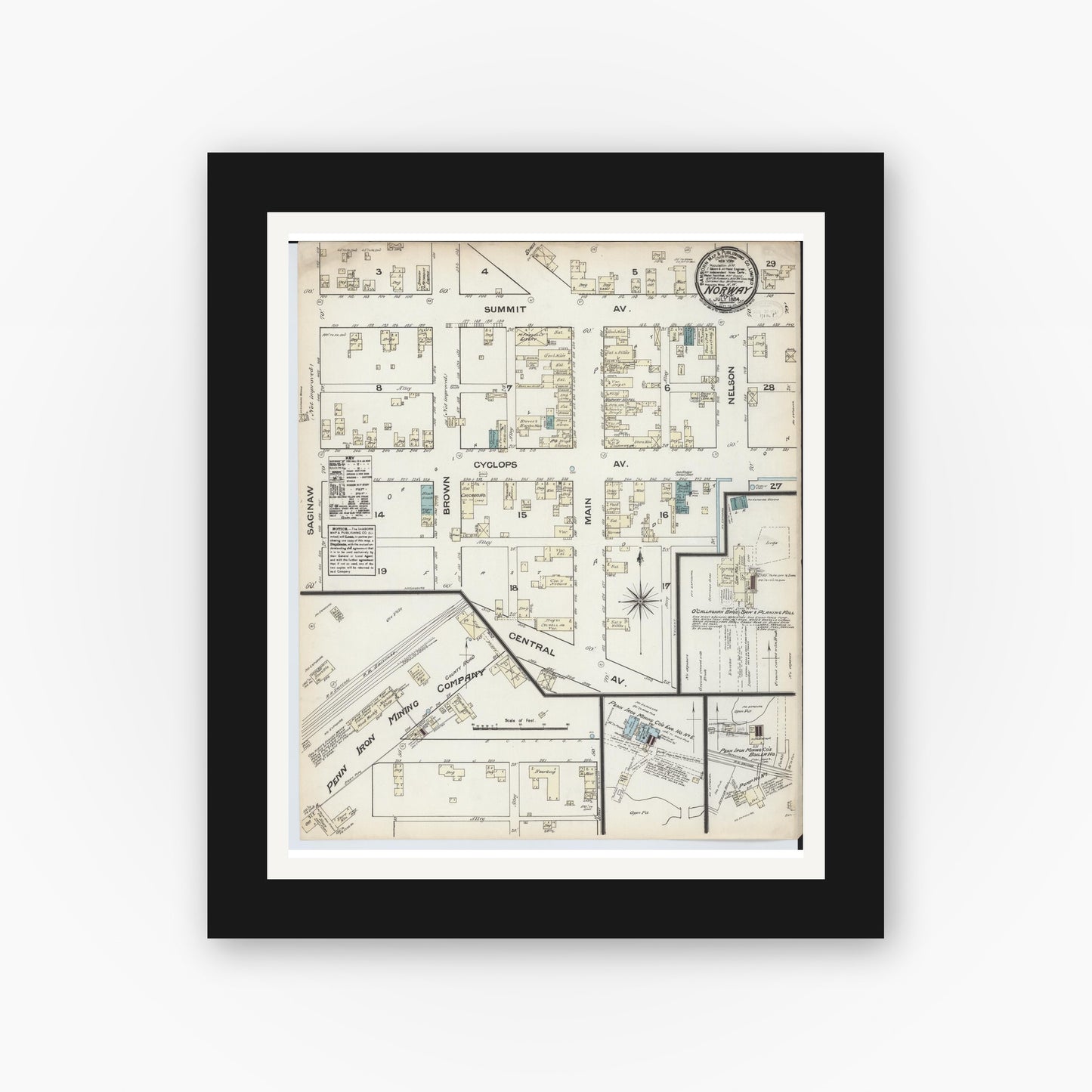 Old map wall art mockup — black gallery frame with white mat — Sanborn Fire Insurance Map from Norway, Dickinson County, Michigan (1884), Sheet #0001