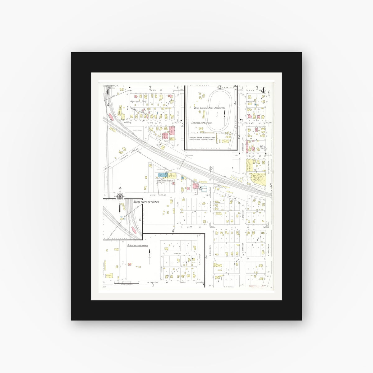 Old map wall art mockup — black gallery frame with white mat — Sanborn Fire Insurance Map from West Liberty, Muscatine County, Iowa (1941), Sheet #0004