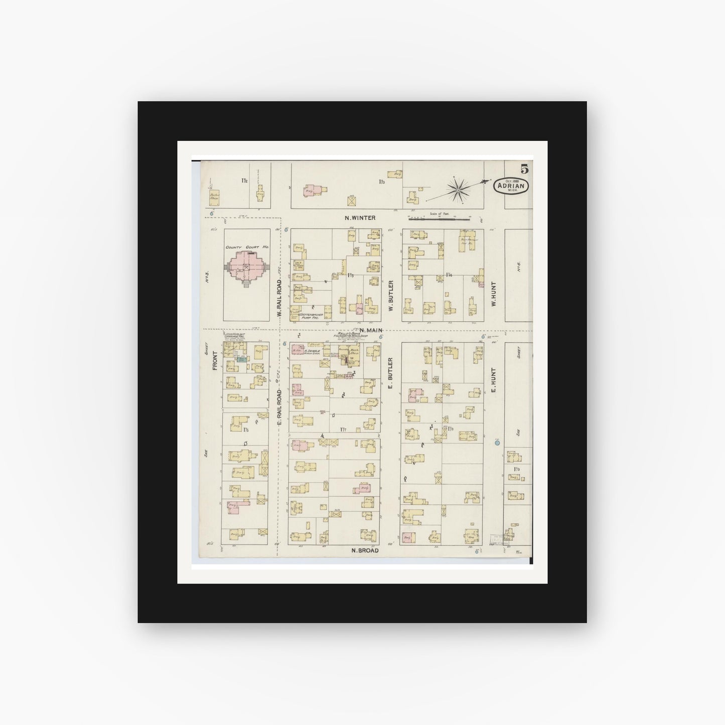 Old map wall art mockup — black gallery frame with white mat — Sanborn Fire Insurance Map from Adrian, Lenawee County, Michigan (1888), Sheet #0005