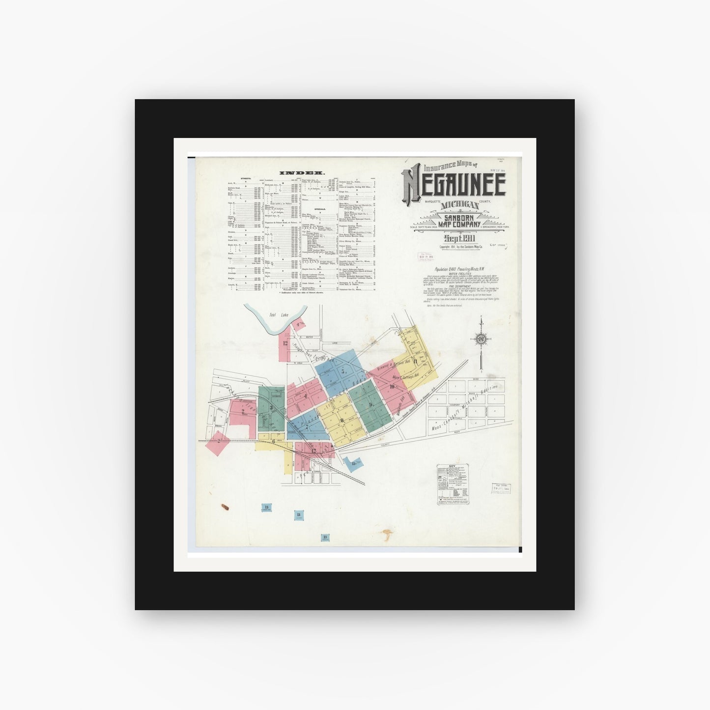 Old map wall art mockup — black gallery frame with white mat — Sanborn Fire Insurance Map from Negaunee, Marquette County, Michigan (1911) - Complete Map Set